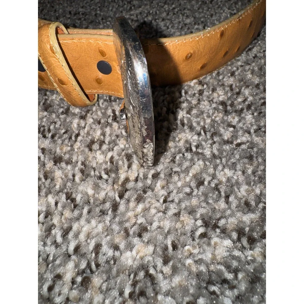 Tony Lama Mens 42 Tan Ostrich Print Leather Western Belt Silver Engraved Buckle